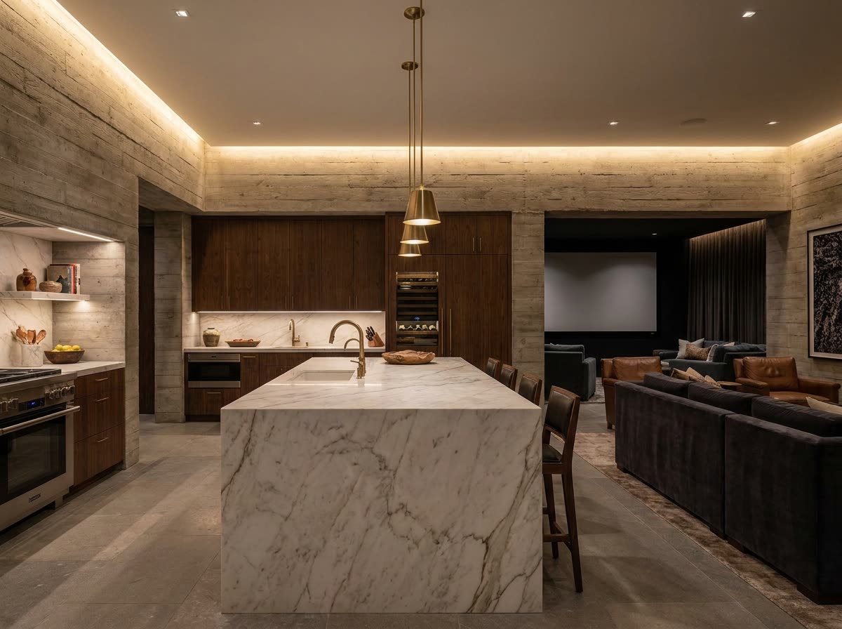 Luxury shelter kitchen with marble island and home theater beyond
