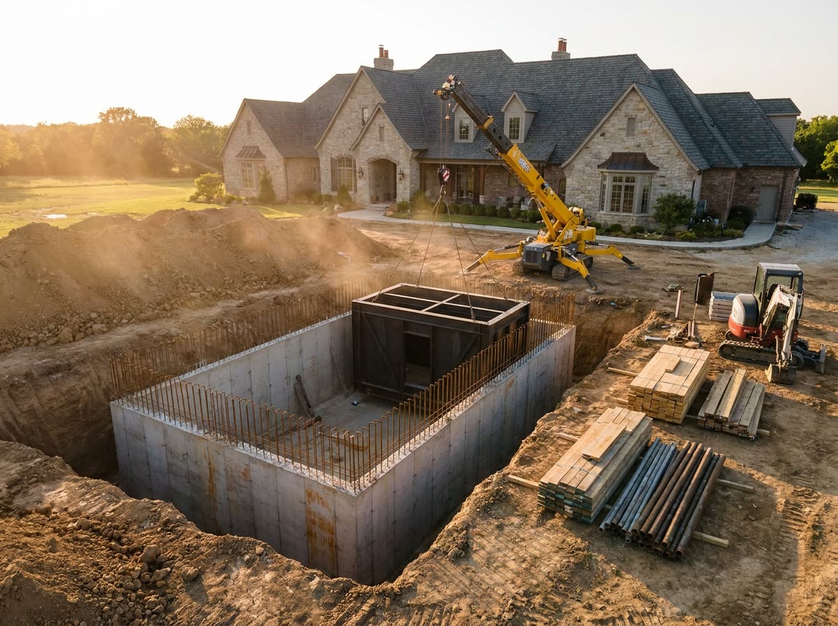 Excavation beside an estate home with reinforced concrete shell in progress